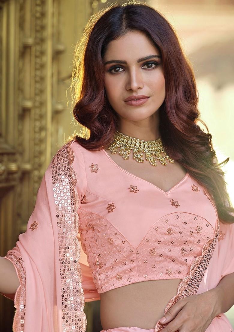 Peach Embroidered Poly Blend Lehenga Set