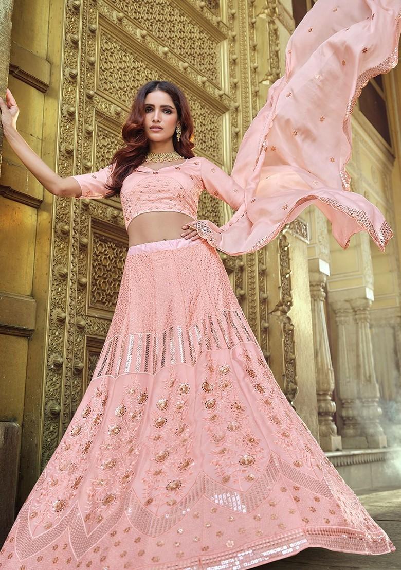 Peach Embroidered Poly Blend Lehenga Set
