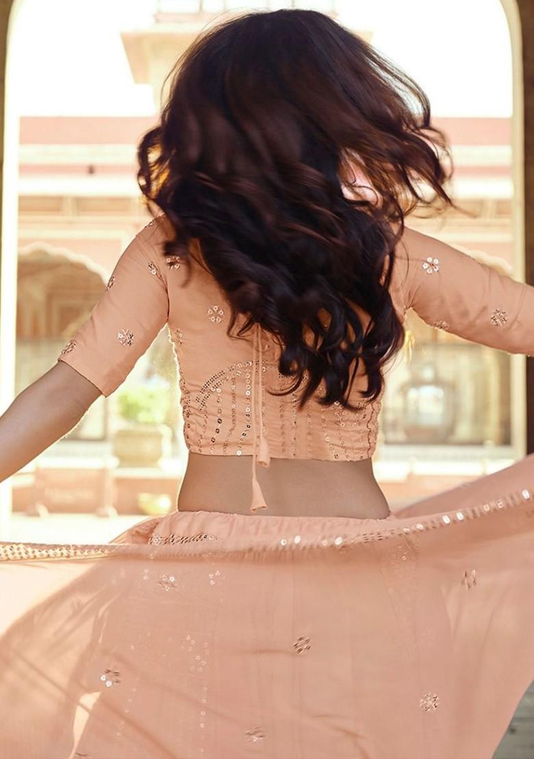 Peach Embroidered Poly Blend Lehenga Set