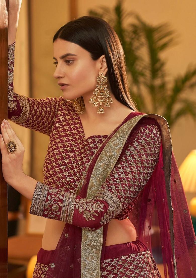 Maroon Embroidered Poly Blend Lehenga Set
