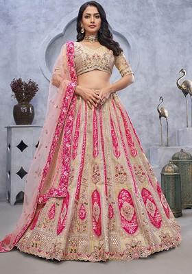 Cream Embroidered Poly Blend Lehenga Set