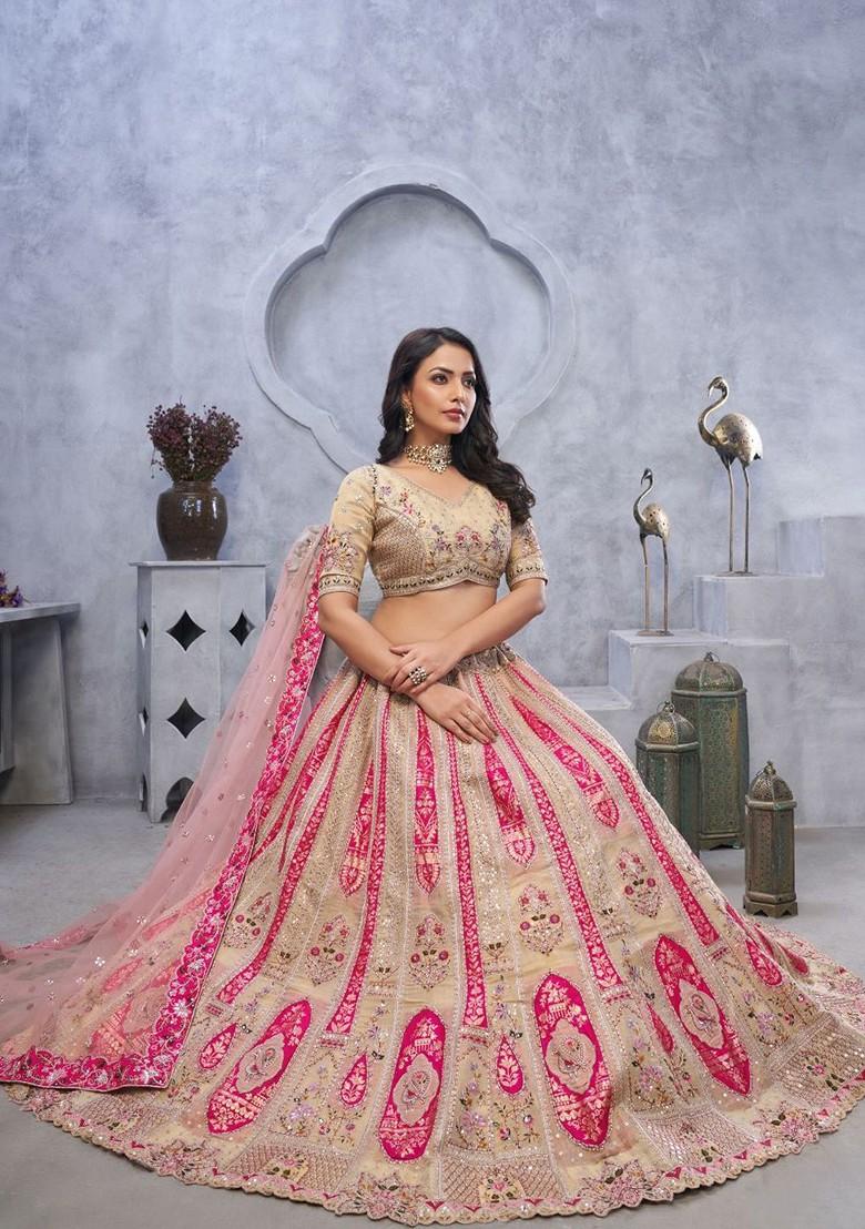 Cream Embroidered Poly Blend Lehenga Set