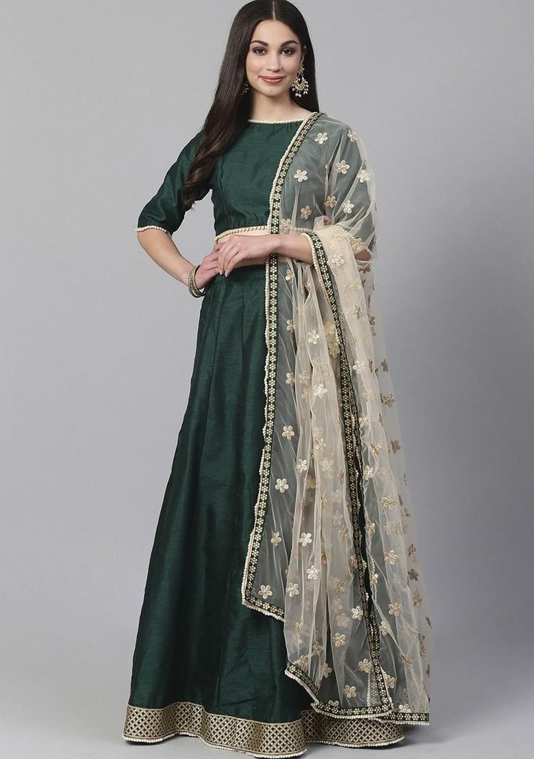 Green Embellished Poly Blend Lehenga Set