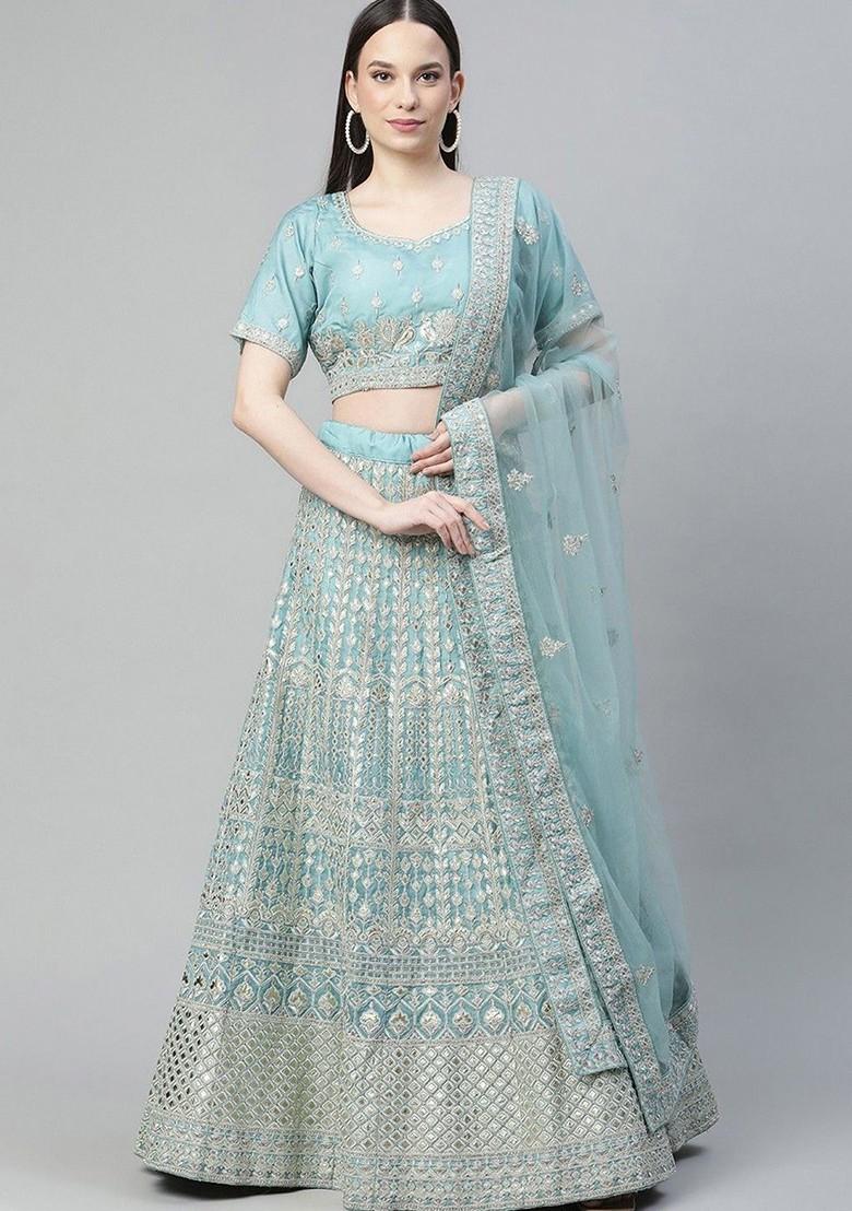 Blue Embellished Poly Blend Lehenga Set
