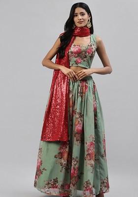 Green Printed Poly Blend Lehenga Set