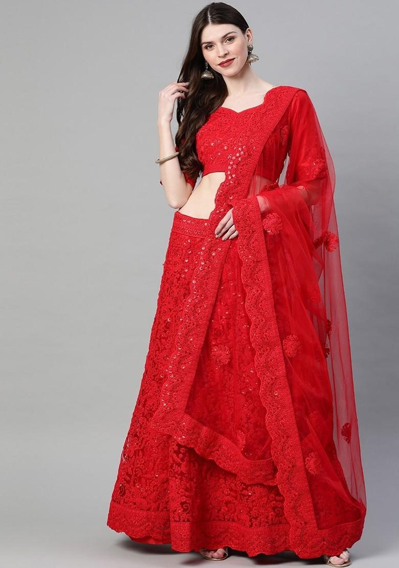 Red Embellished Poly Blend Lehenga Set