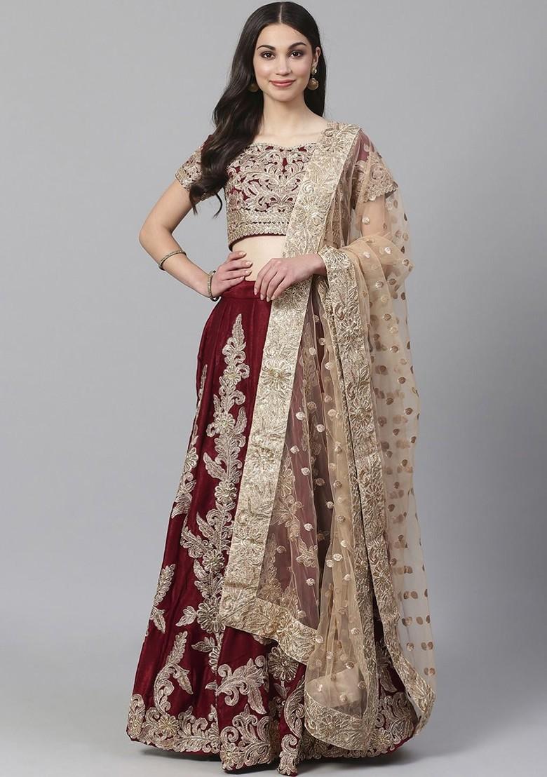 Maroon Embellished Poly Blend Lehenga Set