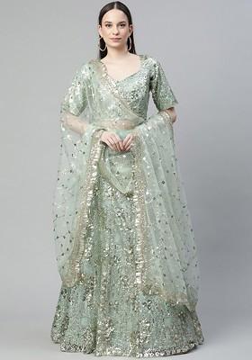 Green Embellished Poly Blend Lehenga Set