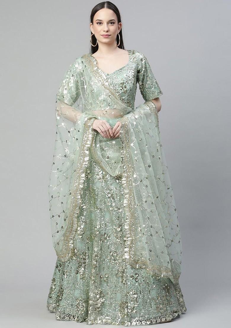 Green Embellished Poly Blend Lehenga Set