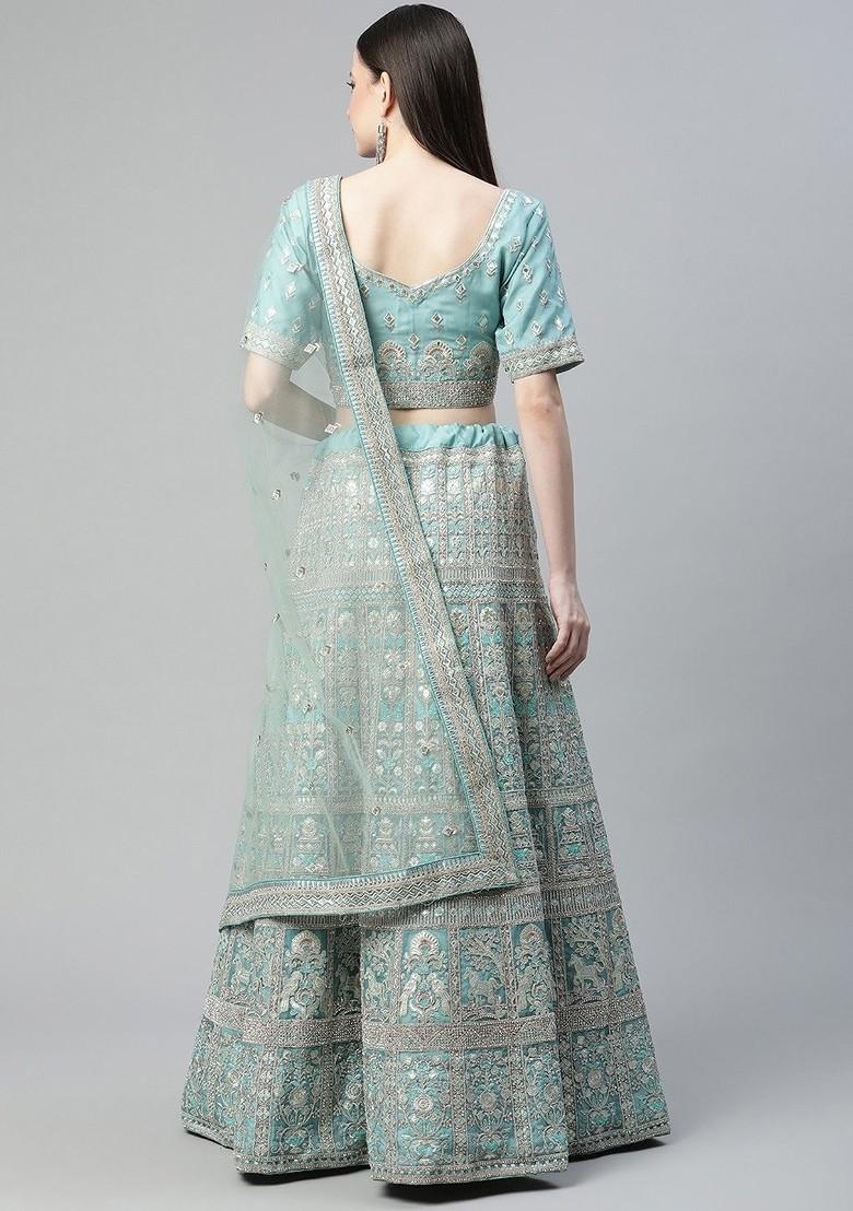 Blue Embellished Poly Blend Lehenga Set