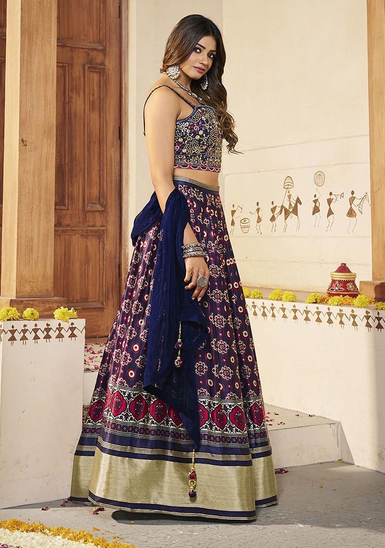 Blue Mirror Work Poly Blend Lehenga Set