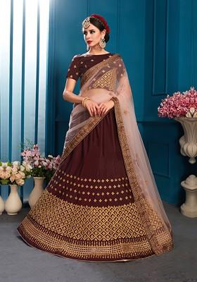 Brown Embroidered Poly Blend Lehenga Set