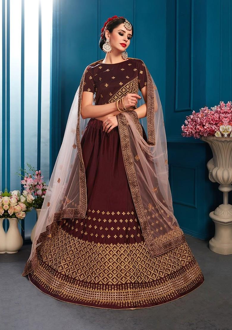 Brown Embroidered Poly Blend Lehenga Set