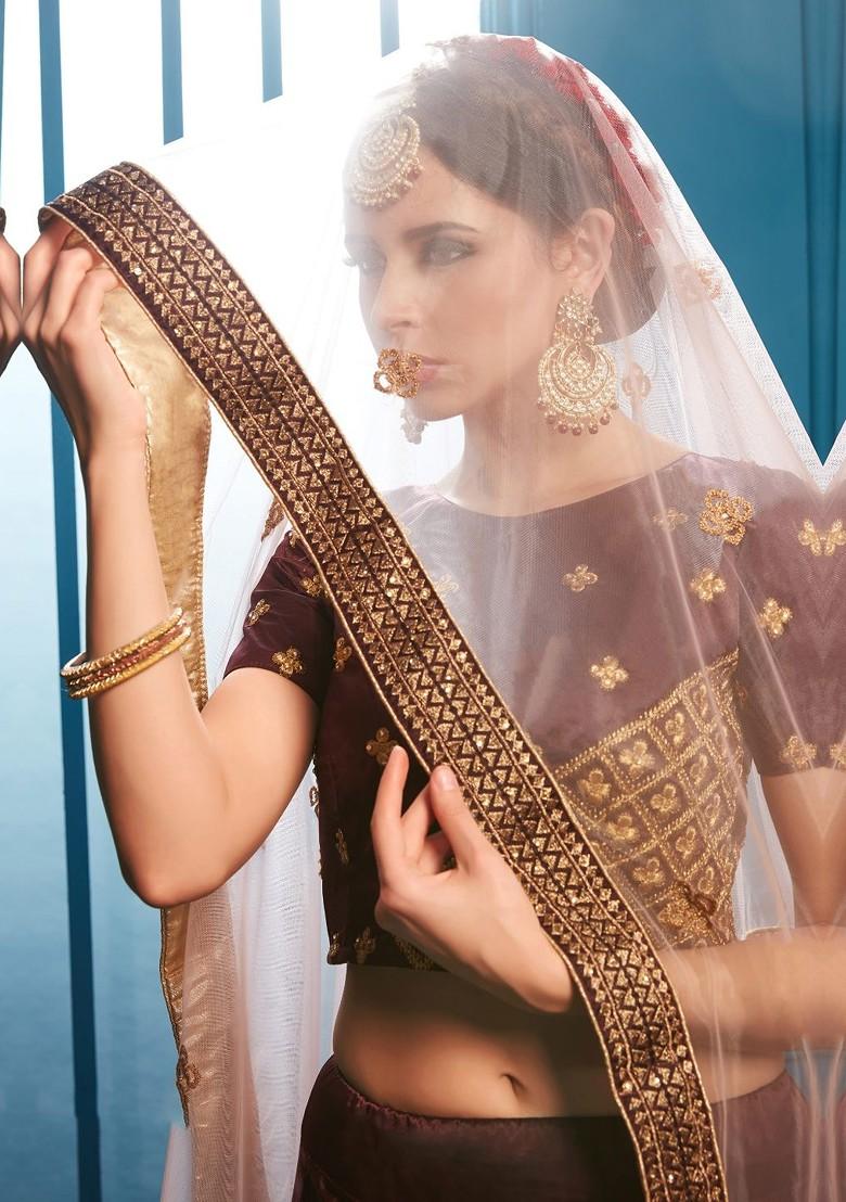 Brown Embroidered Poly Blend Lehenga Set