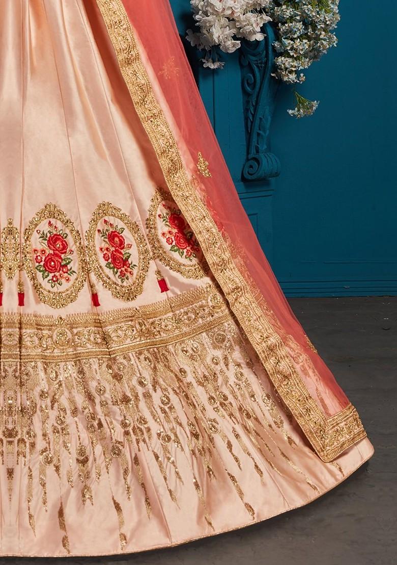 Peach Embroidered Poly Blend Lehenga Set