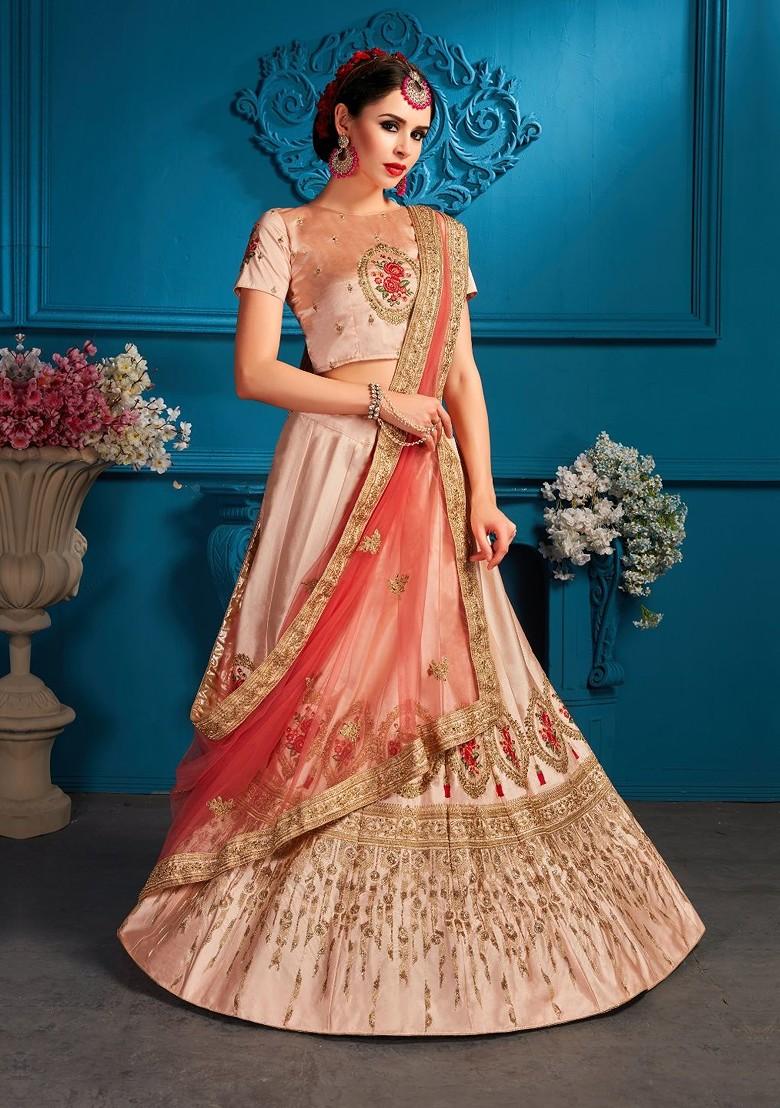 Peach Embroidered Poly Blend Lehenga Set
