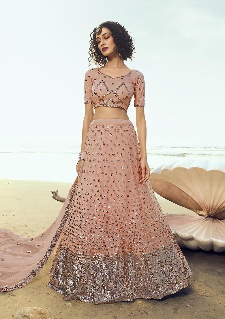 Peach Embroidered Poly Blend Lehenga Set