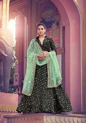 Black Embroidered Poly Blend Lehenga Set