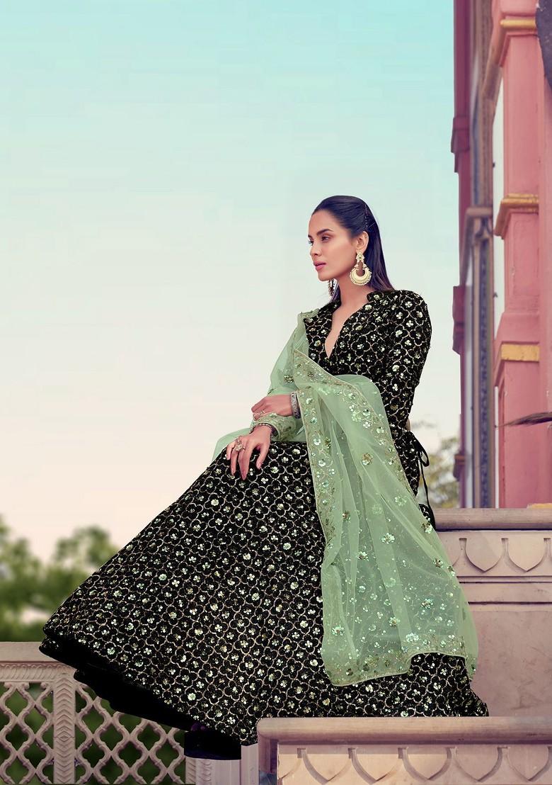 Black Embroidered Poly Blend Lehenga Set