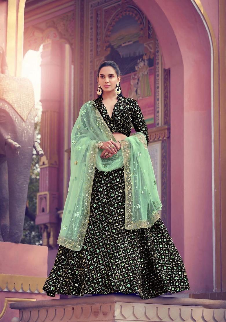 Black Embroidered Poly Blend Lehenga Set