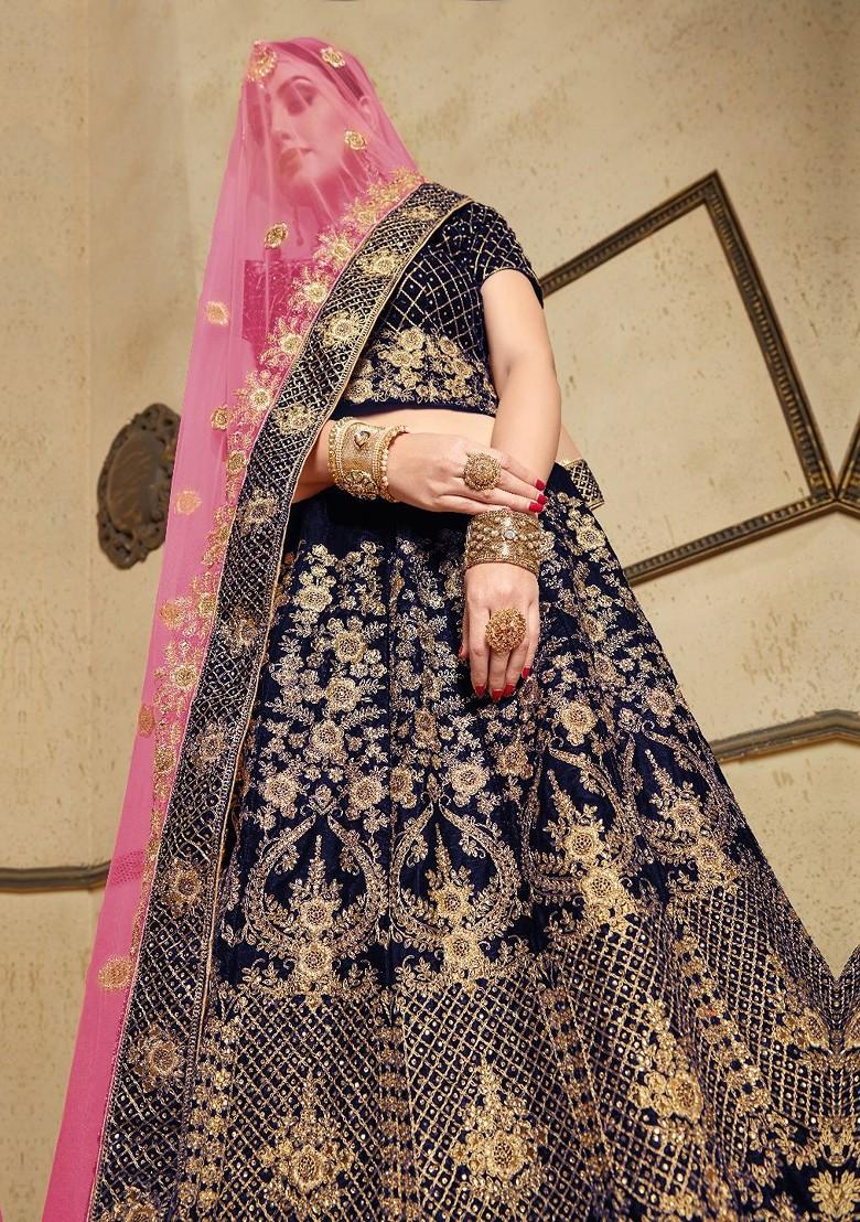 Blue Embroidered Poly Blend Lehenga Set