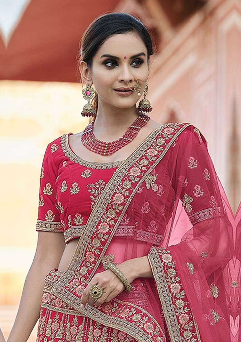 Pink Embroidered Poly Blend Lehenga Set - Indya