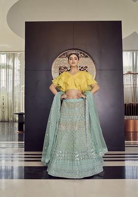 Blue Mirror Work Poly Blend Lehenga Set