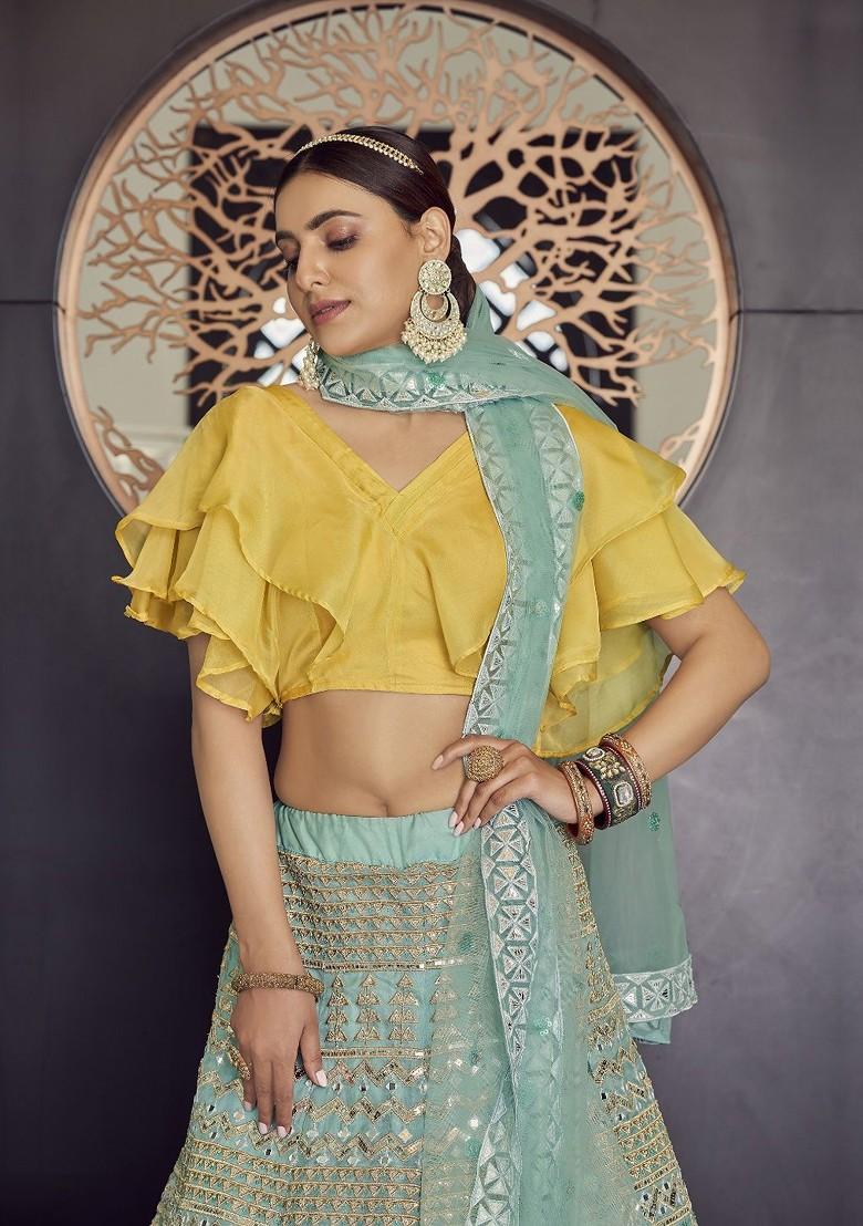 Blue Mirror Work Poly Blend Lehenga Set