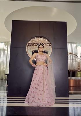 Pink Printed Poly Blend Lehenga Set