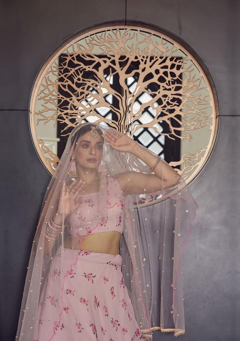 Pink Printed Poly Blend Lehenga Set