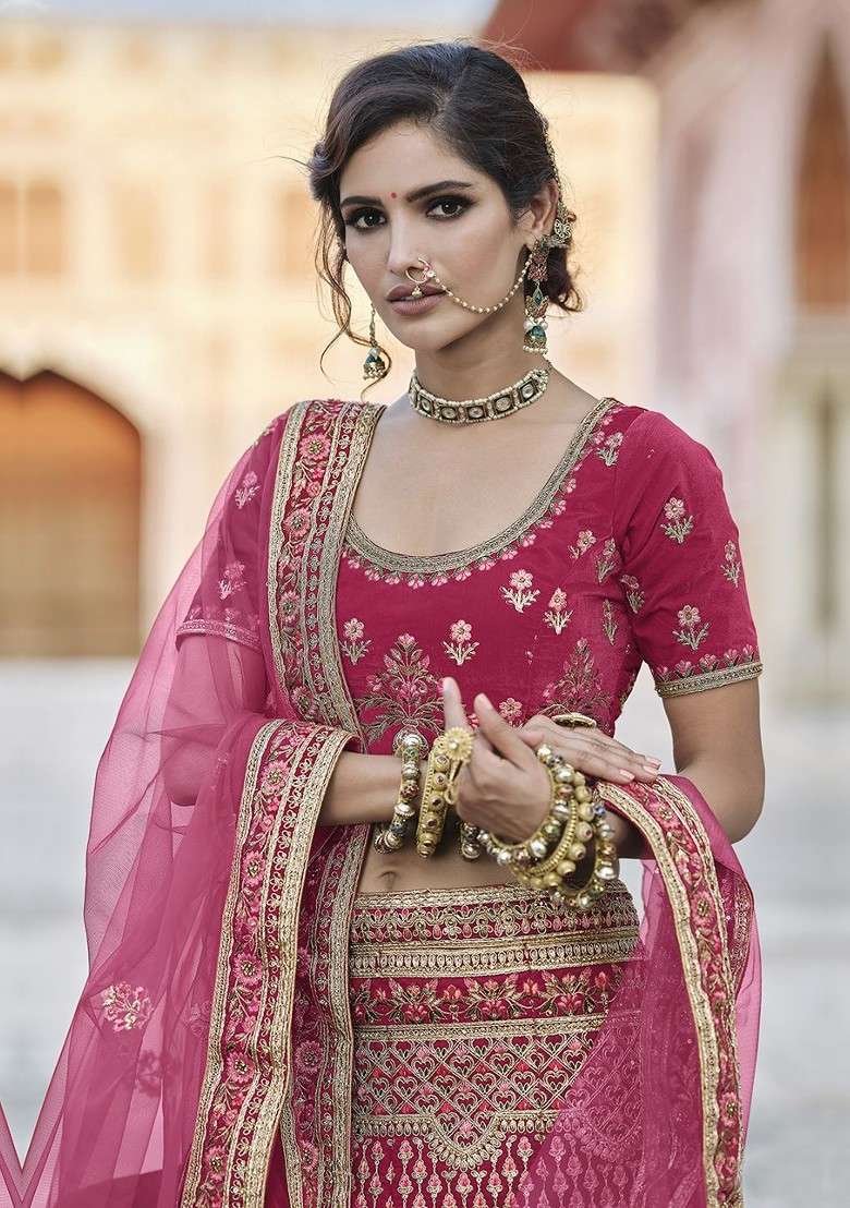 Pink Embroidered Poly Blend Lehenga Set - Indya