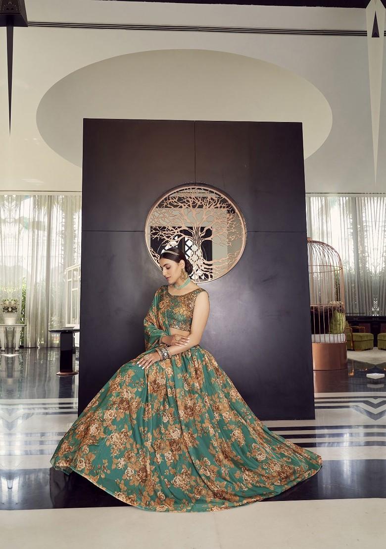 Green Printed Poly Blend Lehenga Set