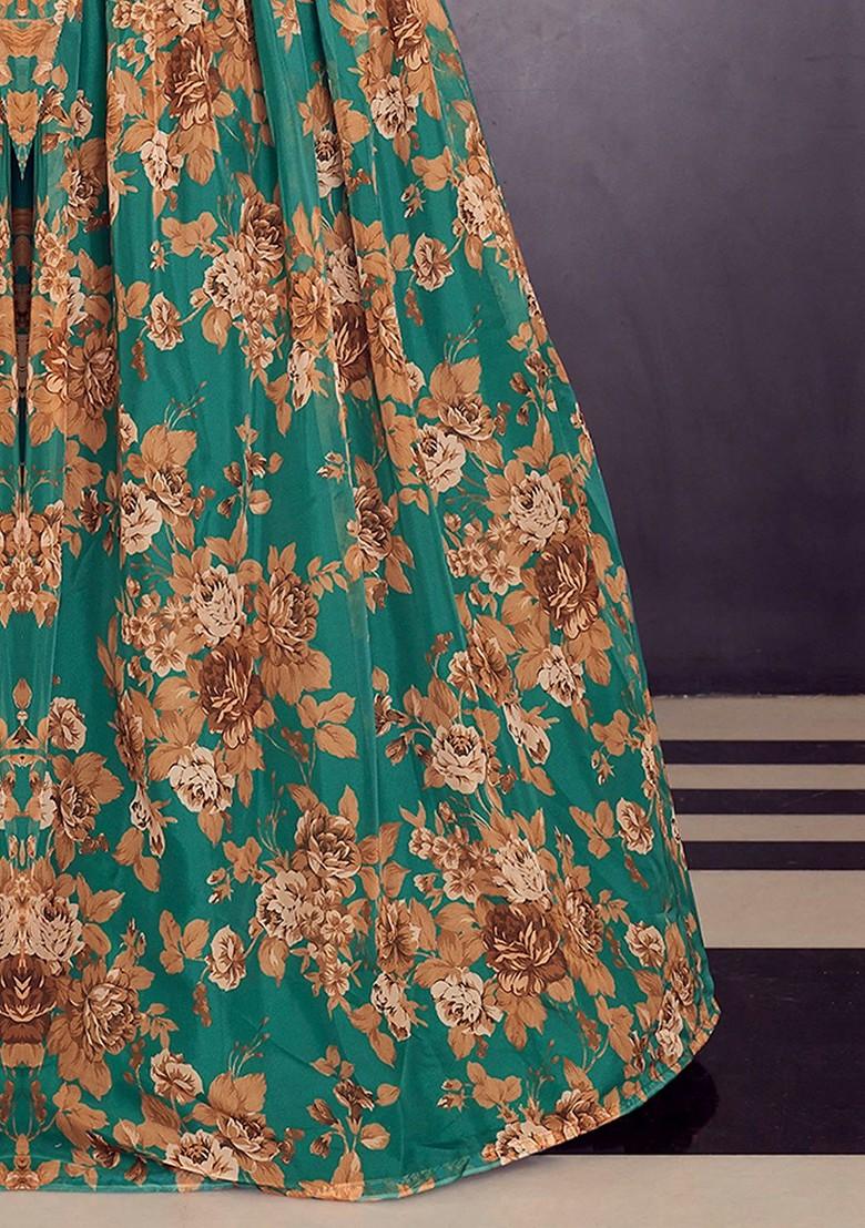 Green Printed Poly Blend Lehenga Set