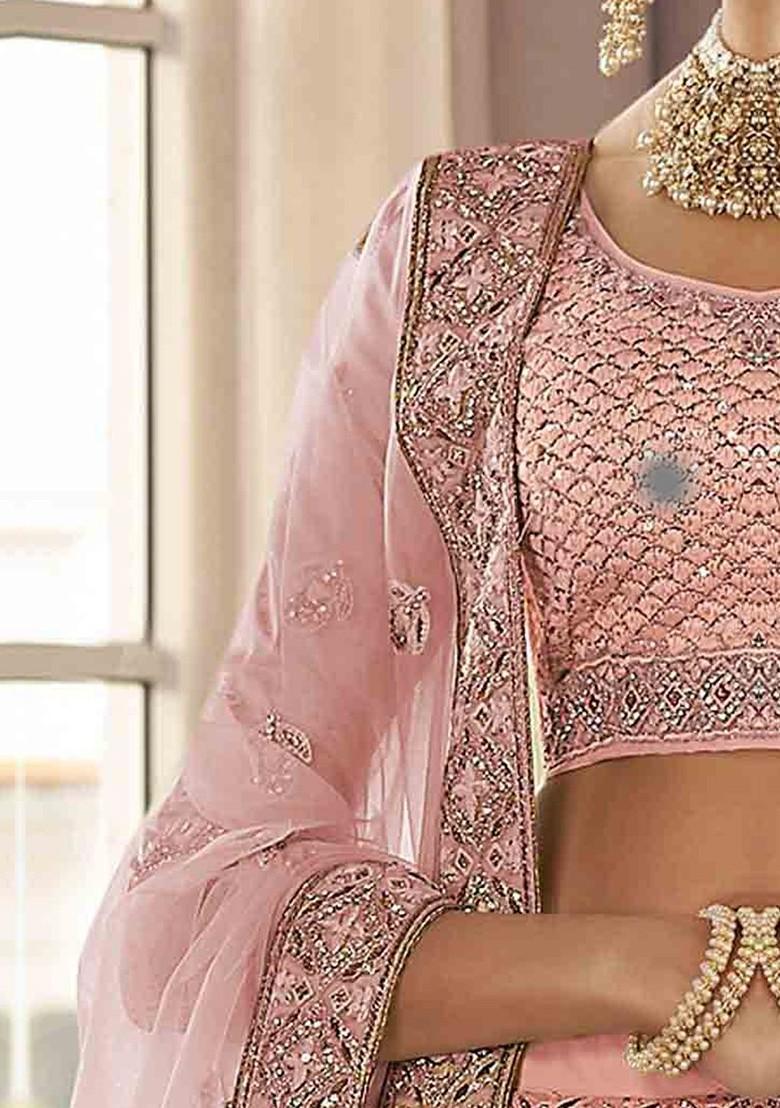 Peach Embroidered Poly Blend Lehenga Set