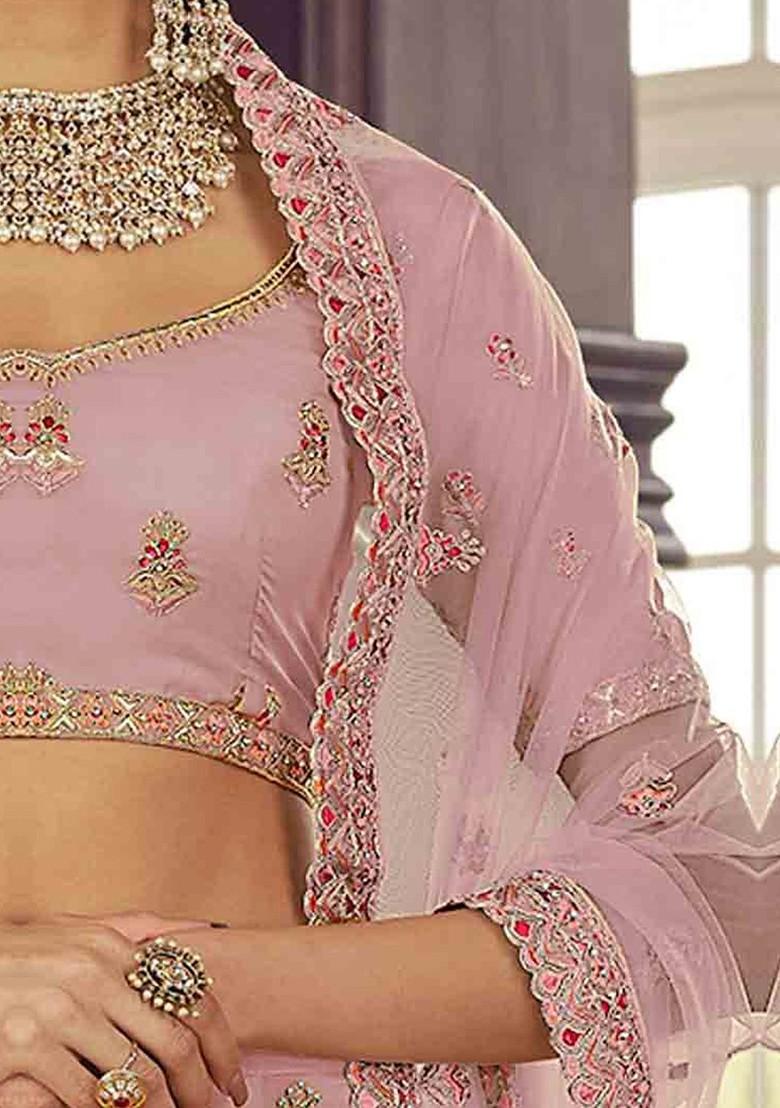 Peach Embroidered Poly Blend Lehenga Set