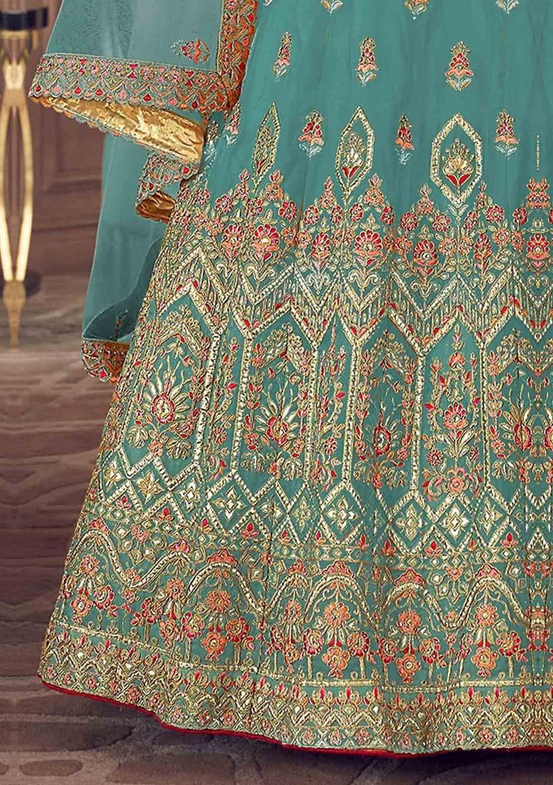 Blue Embroidered Poly Blend Lehenga Set