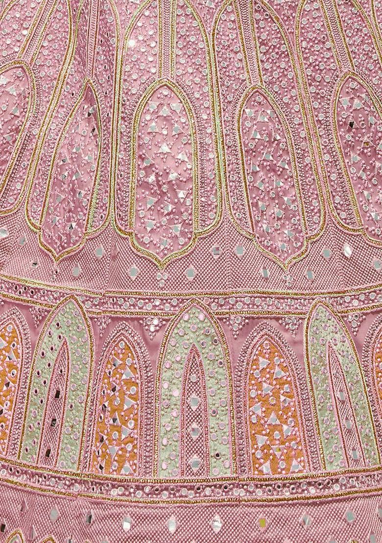 Pink Mirror Work Poly Blend Lehenga Set