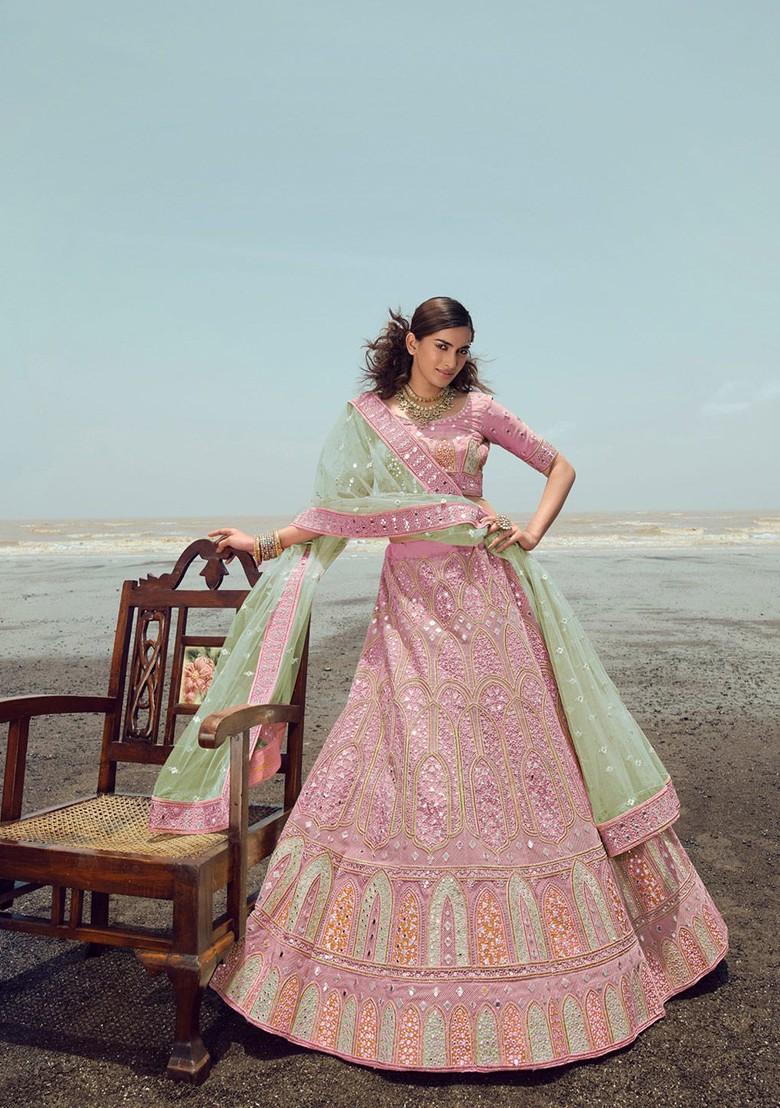Pink Mirror Work Poly Blend Lehenga Set