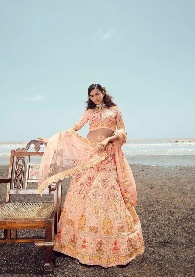 Peach Embroidered Poly Blend Lehenga Set
