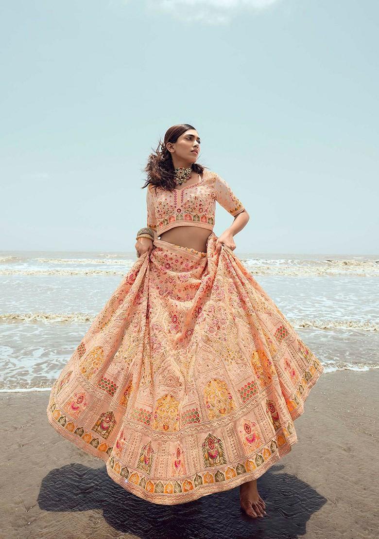 Peach Embroidered Poly Blend Lehenga Set