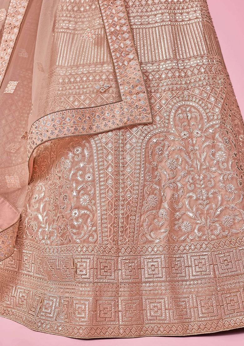 Peach Embroidered Poly Blend Lehenga Set