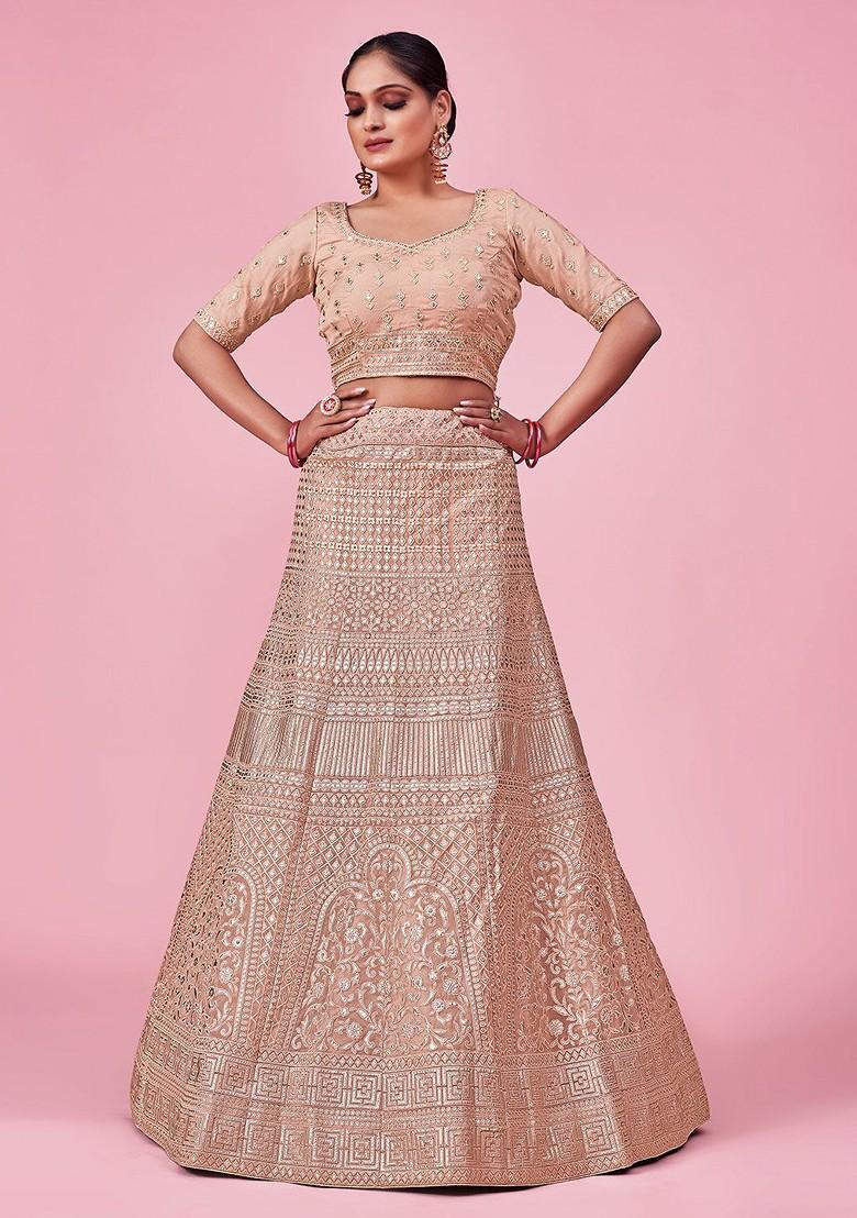 Peach Embroidered Poly Blend Lehenga Set