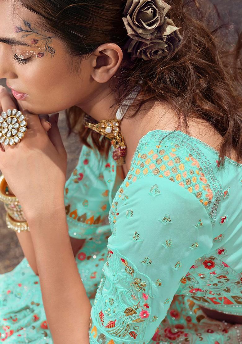 Blue Embroidered Poly Blend Lehenga Set