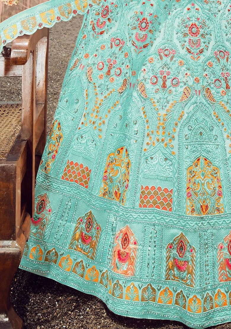 Blue Embroidered Poly Blend Lehenga Set