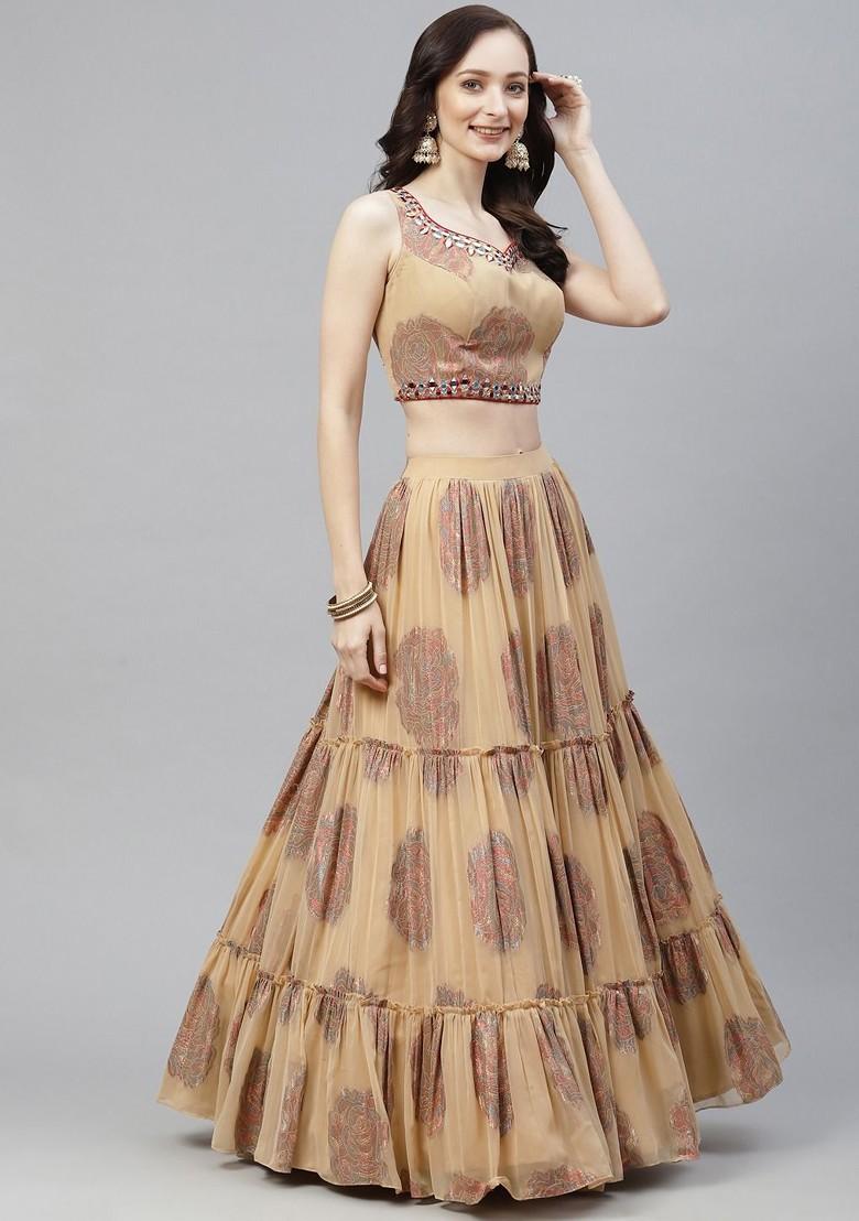 Beige Embellished Poly Blend Lehenga Set