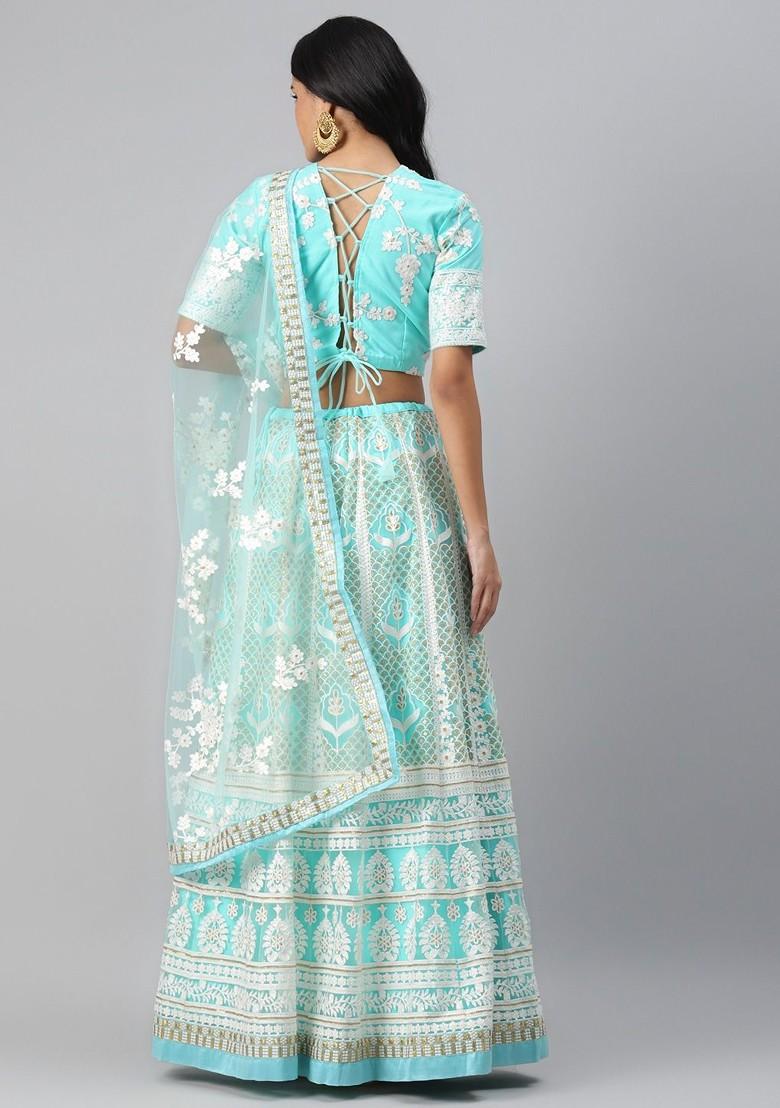Blue Embroidered Poly Blend Lehenga Set