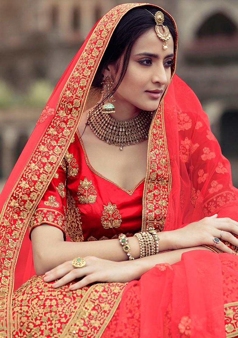 Red Embroidered Poly Blend Lehenga Set