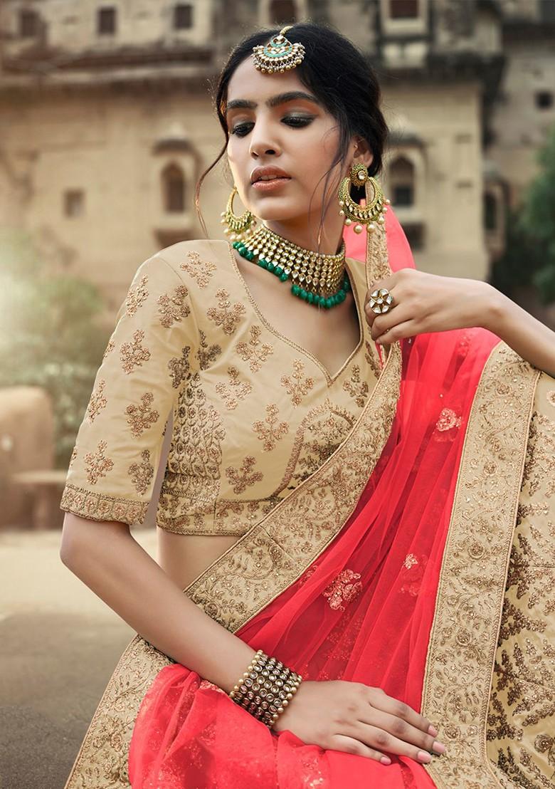 Beige Embroidered Poly Blend Lehenga Set