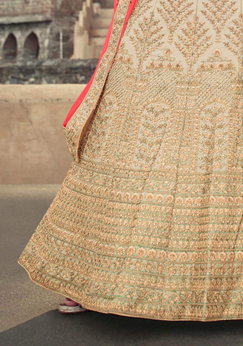 Beige Embroidered Poly Blend Lehenga Set