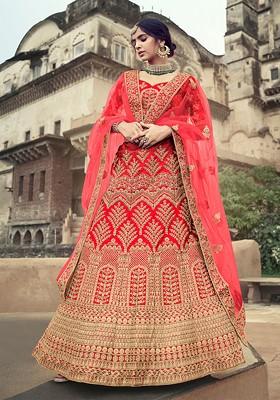 Red Embroidered Poly Blend Lehenga Set